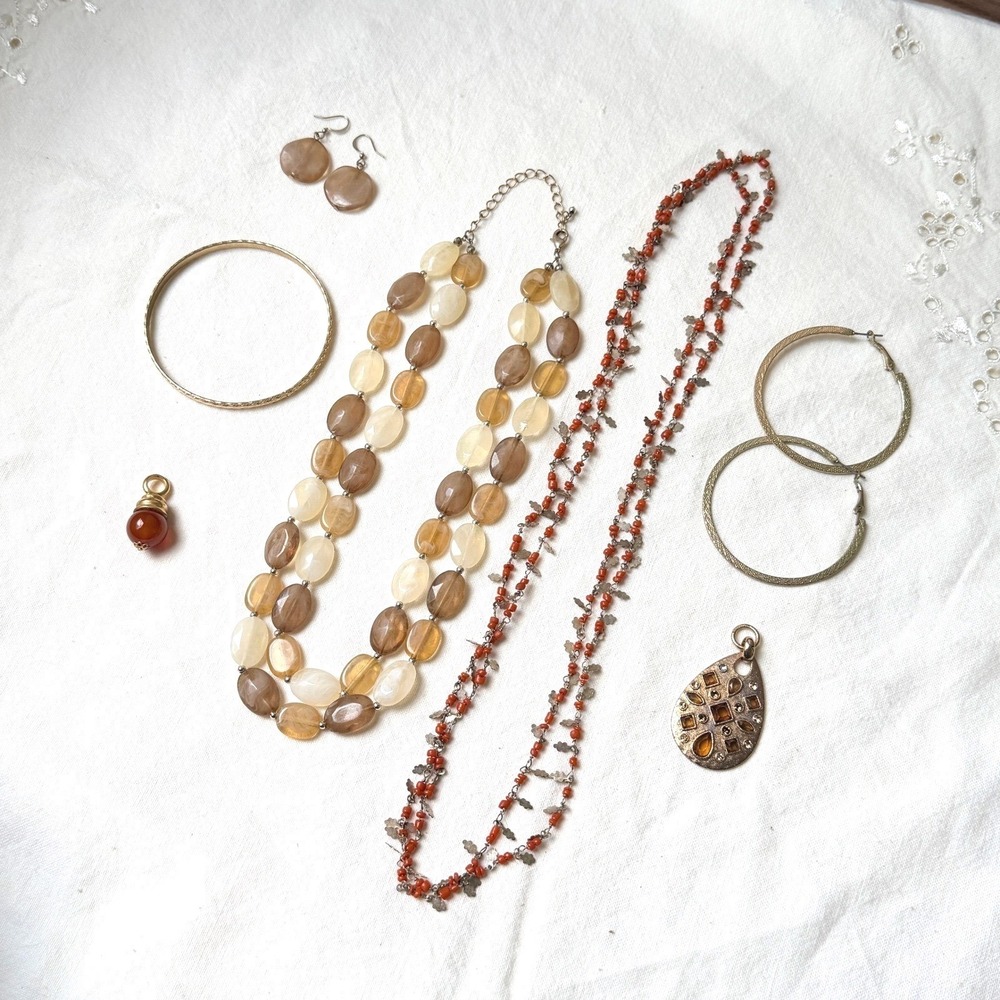 Vintage Jewelry Lot Boho Eclectic Amber Necklace Coral Seed Bead Leaf Gold Hoop